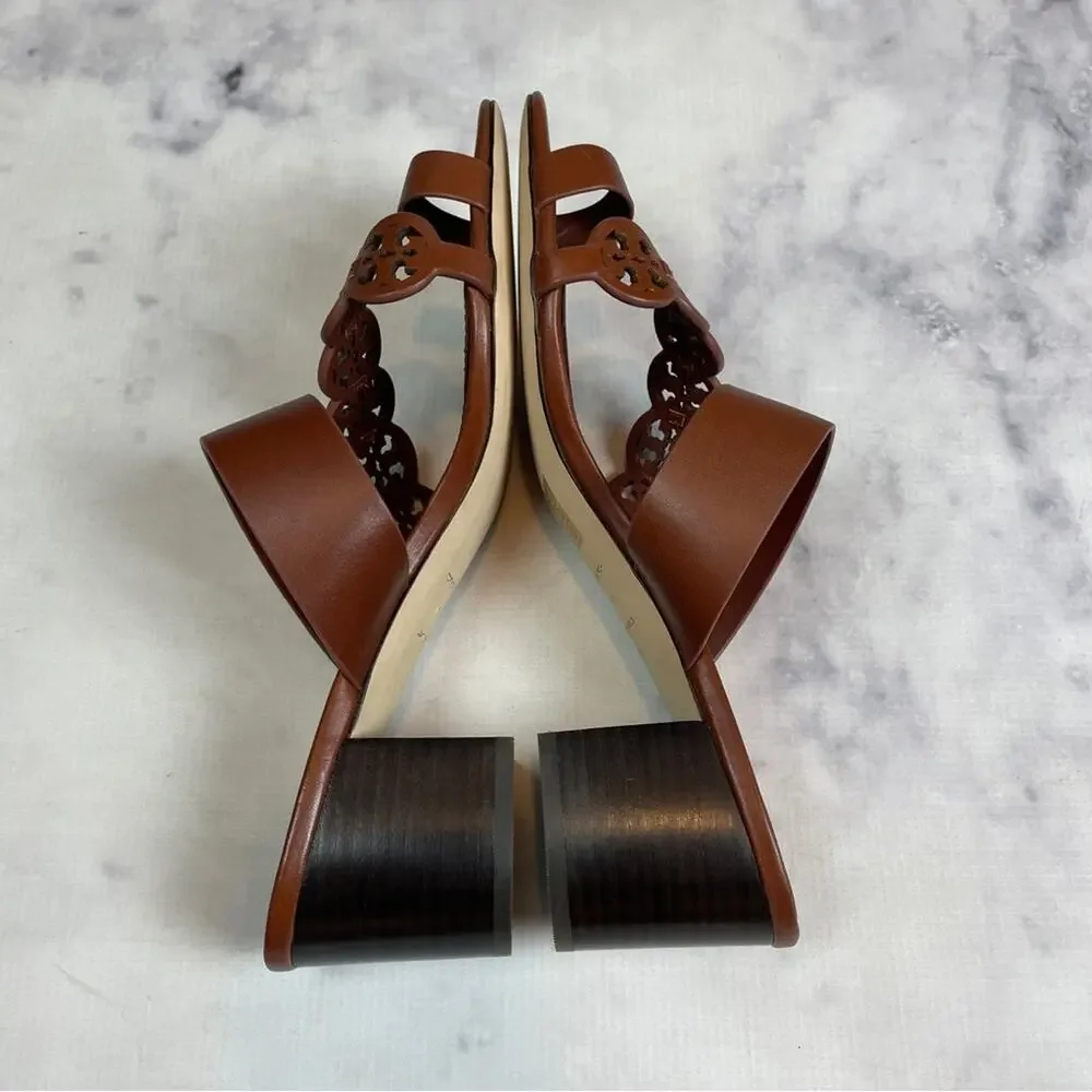 Tory Burch Tiny Miller Toe Ring Laser Cut Sandals Block Heel Slides NWOB Sz 10